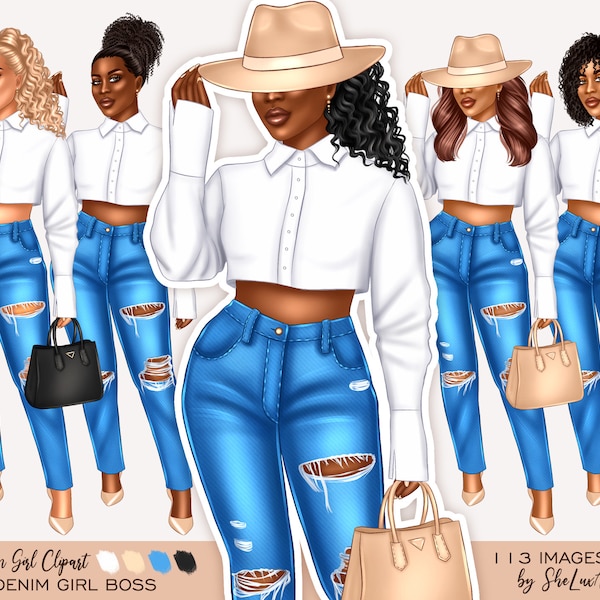 Denim girl clipart, Fashion clipart girl, Girl boss clipart, Black woman clipart, Business woman, White women clipart, Woman with jeans