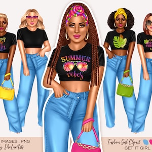 Fashion clipart girl, Summer girl clipart, Black woman clipart, Fashion clipart, Denim girl clipart, Women clipart, Travel clipart