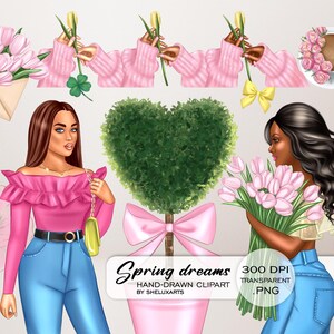Clipart de primavera 2025, colección PNG de mujer con tulipanes, niña de primavera sosteniendo flores rosas, clip art de lazos, álbum de recortes digital floral
