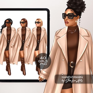 Image clipart femme d'affaires en manteau automne 2024, fille noire illustration de mode pour autocollants numériques, tableau de bord de l'agenda et impression 40 images PNG