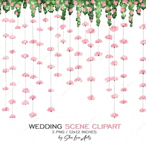 Marco floral Escena de fondo de boda clipart, flores colgantes rosas y blancas superposición transparente PNG, clip art de arco de escena de boda boho