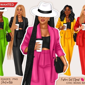Black woman clipart, Boss lady clipart, Fashion girl clipart, Black girl clipart, Girl boss clipart, Print on demand, Woman with coffee