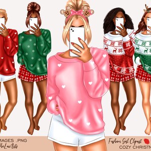 Pacchetto clipart ragazza di Natale, png di Natale rosa, clipart invernale, ragazza carina pianificatrice natalizia in clip art maglione, Natale