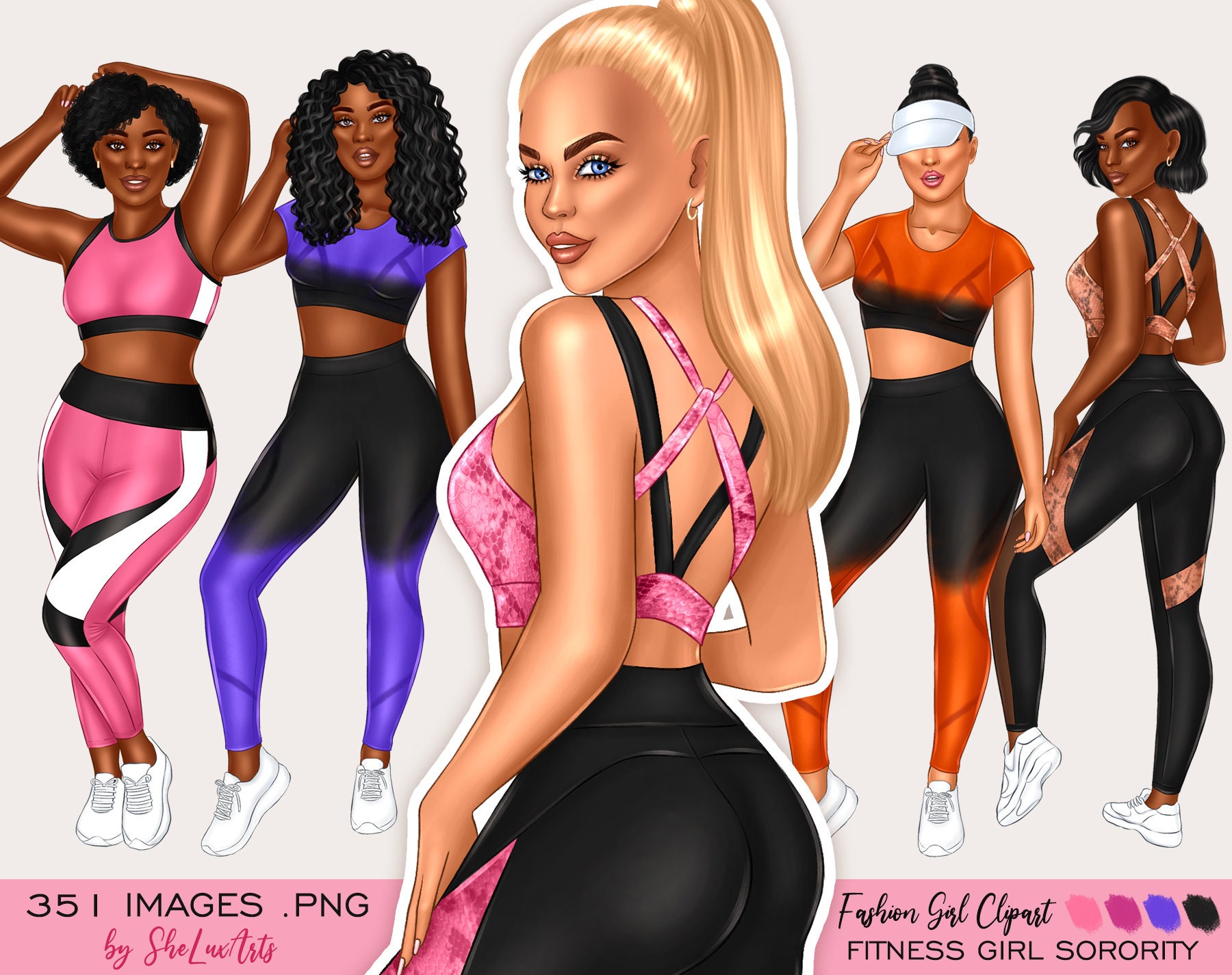Women in Different Body Shapes Clipart, Curvy Girl Clipart, Black Women  Clipart, African American Fitness Clipart 