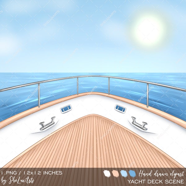 Nautical background scene clipart, Summer clipart, Yacht deck, Tropical scene clipart, Ocean background, Sea life, Cruise ship clipart