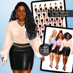 Clipart de chica de moda de invierno, planificador de vacaciones de mujer negra, chicas con suéter acogedor PNG, chica de ilustración de moda, clipart de diario, PNG de invierno