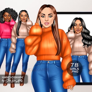 Fall black girl clipart, Autumn fashion aesthetic PNG images, Black woman clip art, Fall fashion girl in cozy sweater