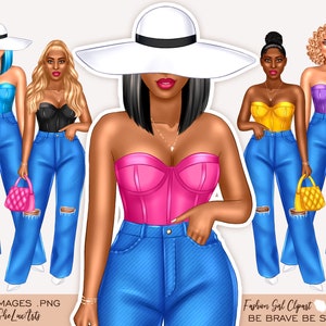 Boss lady clipart, Black woman clipart bundle, Fashion clipart girl, Denim girl clipart, African American clipart, Boss lady clipart