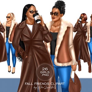 Bundle de clipart copines 2024, amis femmes noires PNG, illustration dessinée à la main de filles automne, clipart femme en denim