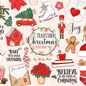 Pacote png de Natal, clipart tradicional de Natal, clipart fofo de árvore de Natal retrô, quebra-nozes, boneco de gengibre, boneco de neve, bastão de doces