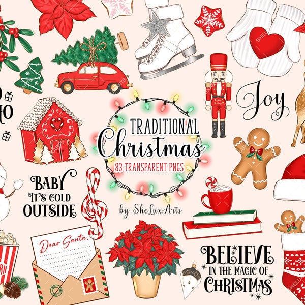 Christmas png bundle, Traditional Christmas clip art, Cute Retro Christmas Tree clipart, Nutcracker, Gingerbread Man, Snowman, Candy cane