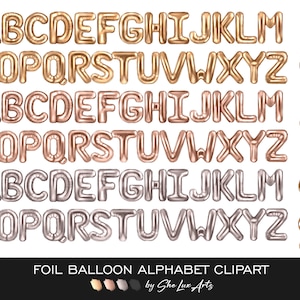 Folienballon Alphabet Clipart, Gold Ballons Buchstaben PNG, Roségold Folie Briefballon für Geburtstags-Party Einladung, Silberfolie Clip Art