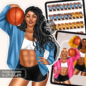 Clipart de gata de basquete, garota negra esportiva PNG, clipart de mulher negra locs, jogador de basquete afro-americano, clipart de mulher segurando bola