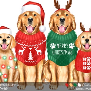 Clipart cane di Natale, Golden Retriever png, Arte del cane, Clipart di Natale, Ritratti di cani, Clipart di cuccioli, Disegno di cani, PNG di Natale,