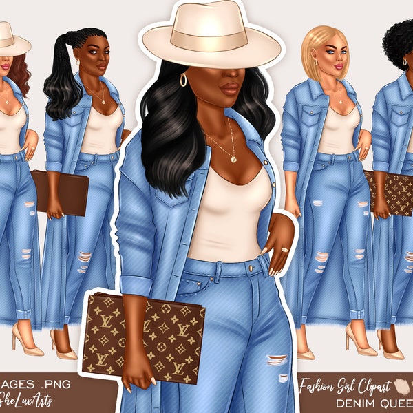 Fashion clipart girl, Denim girl clipart, Black woman clipart, Fashion clipart, Black woman in jeans, Girl Boss clipart, Boss lady clipart