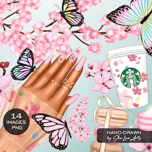 Kirschblüte Frühling Clipart, Sakura Blume Clip Art, rosa Blush Blumen, weibliche Hand mit Schmetterling png, Frühling Blumen Schmetterlinge Design