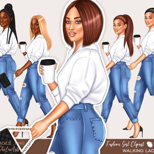 Fashion girl clipart, Denim girl clipart, Boss babe clipart, African American clipart, Black girl clipart, Black woman clipart, Hair clipart