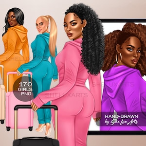 Clipart de chica de viaje, viaje de chicas PNG, mujer negra con clipart de maleta, mujeres afroamericanas de moda se van de vacaciones, clipart de vacaciones Vacay