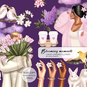 Clipart floral floreciente 2025, mujer primaveral con flores PNG, lindas imágenes de pájaros y conejitos, ilustración dibujada a mano con café
