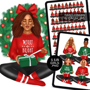 African American Weihnachten Clipart, schwarzes Mädchen Weihnachtskranz PNG, schwarze Frau Weihnachten Clipart Bundle, Weihnachtsmode Clip Art