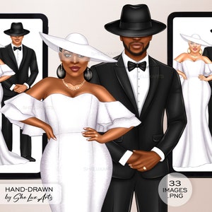 Imágenes prediseñadas de boda romántica, clip art de pareja negra, scrapbooking digital de boda afroamericana, boda afro de amor romántico, novia y novio