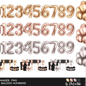 Anzahl Luftballons Clipart, Geburtstag Luftballons PNG, Folie rose gold Ballon, Party Clipart, schwarz und gold Geschenk Set Clip Art