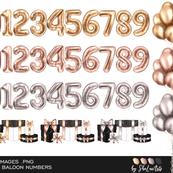 Number balloons clipart, Birthday balloons PNG, Foil rose gold balloon, Party clipart, Black and gold gift set clip art