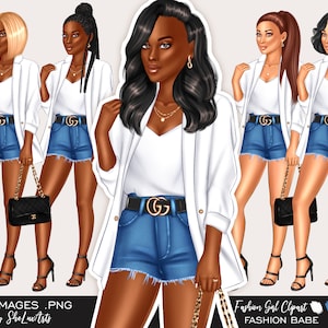 Denim girl clipart, Fashion clipart, Black girl clipart, Fashion girl clipart, Black woman clipart, African American, Boss girl clipart, PNG