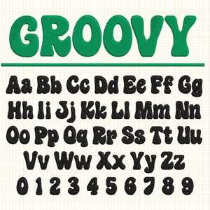 Può includere: Un set di font verde e nero con la parola "GROOVY" in grandi lettere in alto. Il set di font include lettere maiuscole, lettere minuscole e numeri. Il font è in stile retrò con bordi arrotondati.
