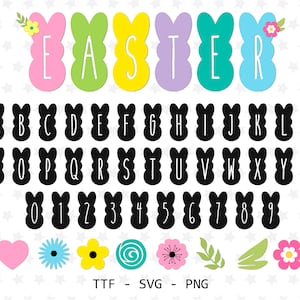 May include: Easter themed alphabet and number clipart in black with a bunny shape. The letters and numbers are outlined in white. There are also several Easter themed clipart images in pink, blue, yellow, and green.