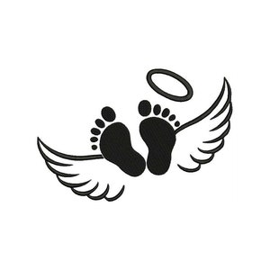 May include: Black and white illustration of two baby footprints with a halo above them and angel wings on either side.