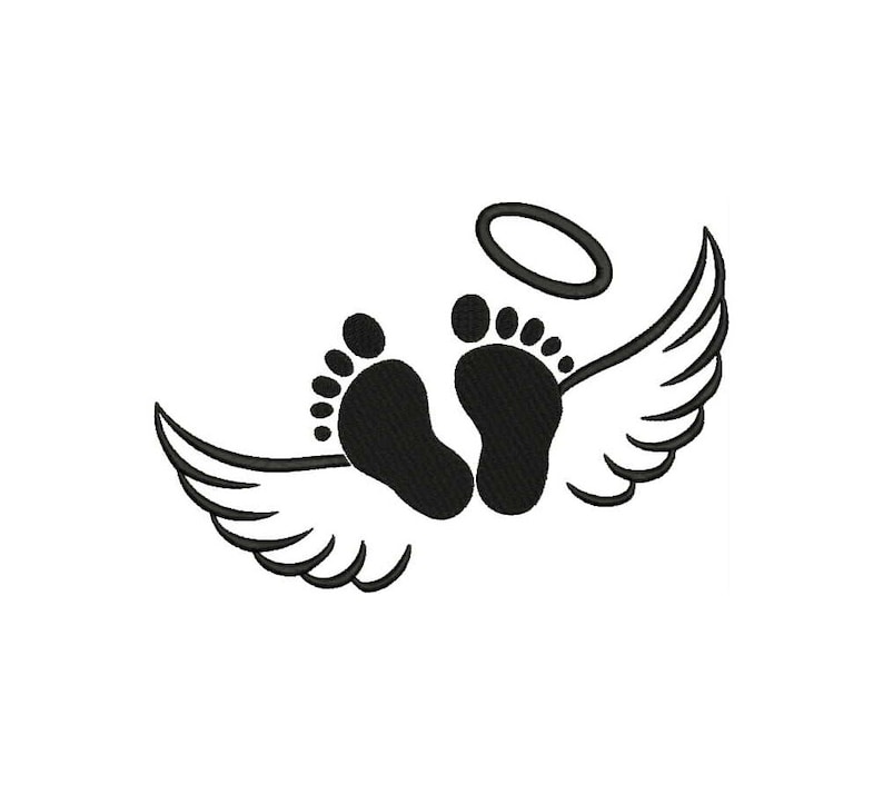 May include: Black and white illustration of two baby footprints with a halo above them and angel wings on either side.