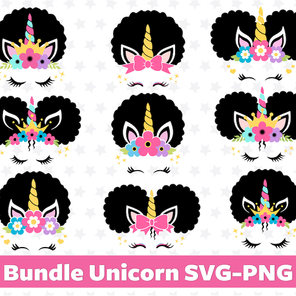 Unicorn Afro SVG PNG Bundle Unicorn Head Unicorn Afro Puff Unicorn Birthday Unicorn Clipart Unicorn For Cricut Silhouette Unicorn Cutting