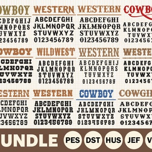 Puede incluir: Una descarga digital de un paquete de fuentes de temática western. La imagen muestra una variedad de fuentes en diferentes estilos, incluyendo Cowboy, Wild West y Western. Las fuentes están disponibles en una variedad de formatos, incluyendo PES, DST, HUS, JEF y VP3.