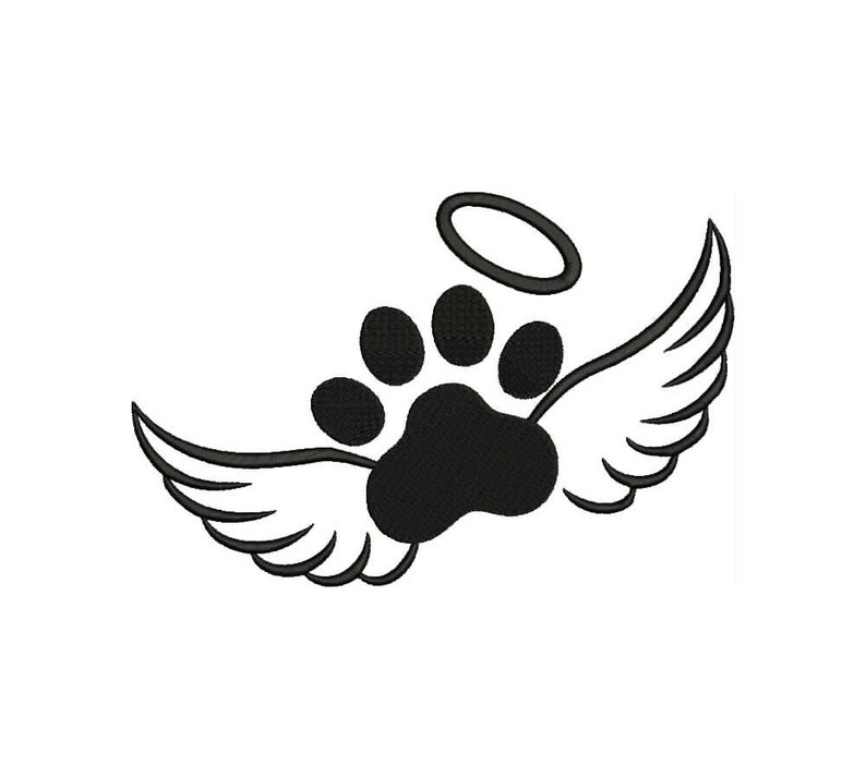 May include: Black paw print with a halo above it and angel wings on either side.