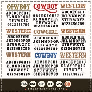 Op de afbeelding: Digitale borduurontwerpen met de woorden "COWBOY", "WESTERN" en "COWGIRL" in verschillende lettertypen. Inclusief alfabetten en cijfers. Beschikbaar in diverse bestandsformaten.