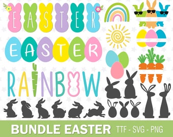 May include: A digital clipart bundle of Easter-themed graphics, including bunnies, eggs, rainbows, carrots, and the word "Easter" in various colors and styles. The graphics are perfect for crafting, scrapbooking, and other creative projects.