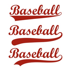 May include: Three red baseball wordmark designs with a curved, arched font. The wordmark is set against a white background.