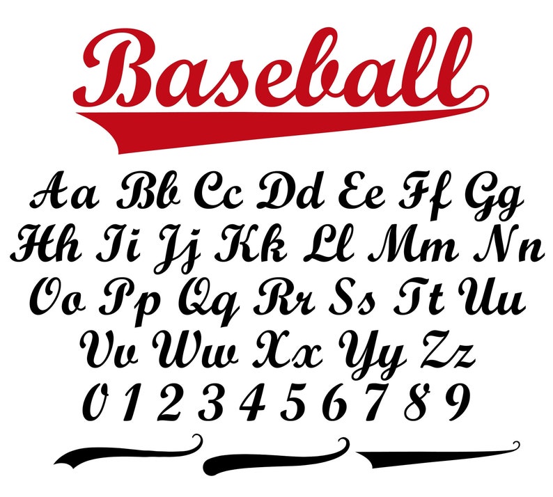 May include: Baseball font alphabet in black with a red baseball logo at the top. The font includes uppercase letters, lowercase letters, and numbers 0-9.