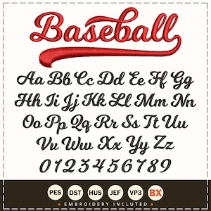 May include: A digital embroidery font set with the word "Baseball" in red script above a complete set of uppercase and lowercase letters, plus numbers 0-9 in a black, cursive style. The design includes various file formats.