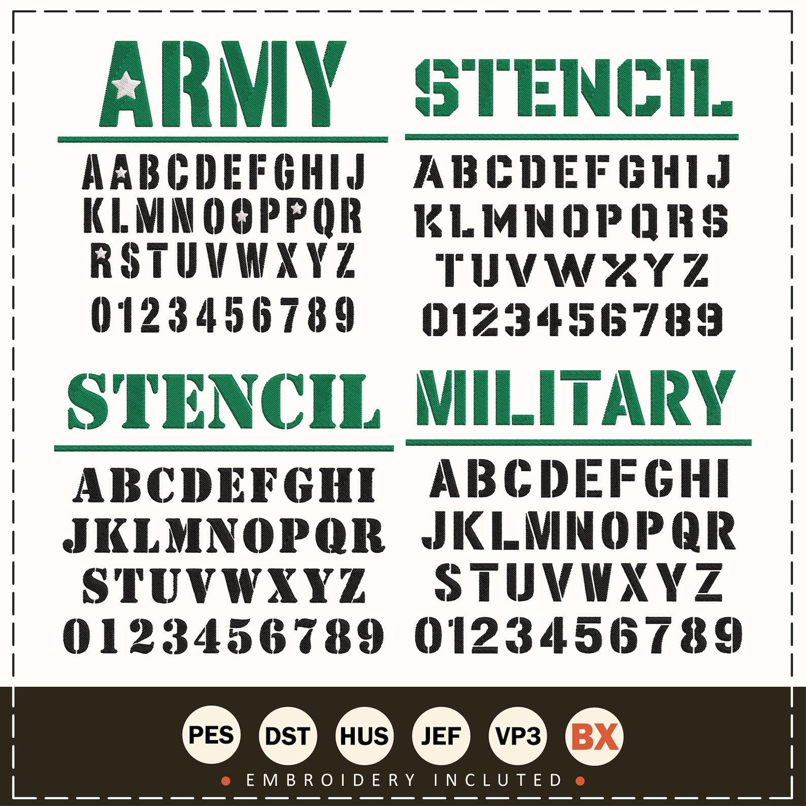 Embroidery Fonts Bundle Embroidery Army Militery Stencil Fonts Machine ...