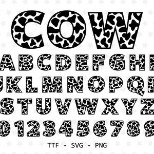 Fuente de vaca TTF SVG PNG Fuente Animal Alfabeto de vaca Fuente de granja Fuente de piel de vaca svg Letras de piel de vaca svg Alfabeto de granja svg Letras de animales svg
