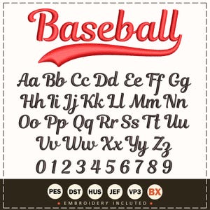 May include: A digital embroidery font set with the word "Baseball" in red script above a full alphabet and numbers 0-9 in a black, cursive font. The image includes file type abbreviations.