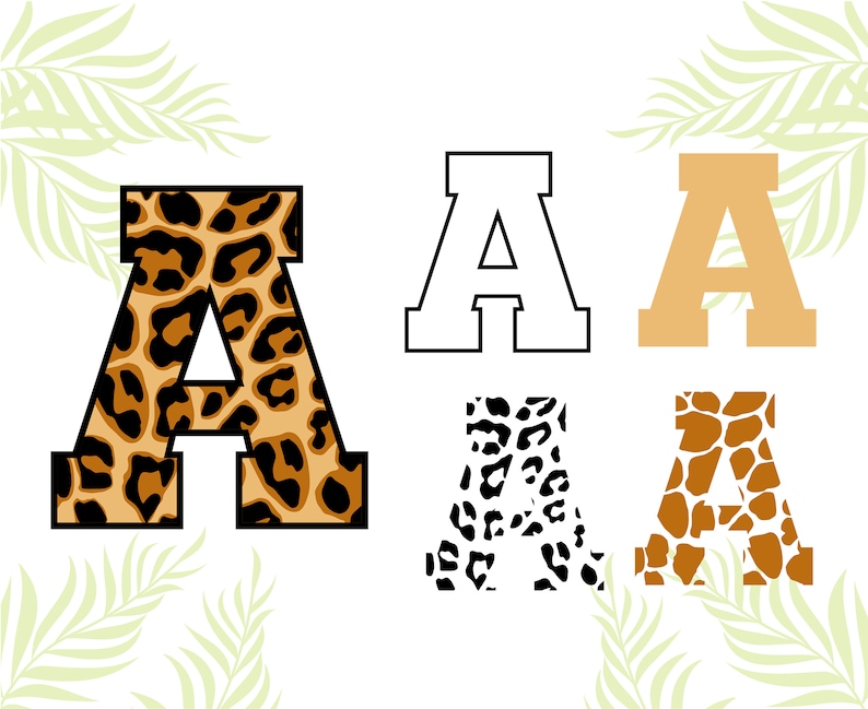 Puede incluir: Cuatro versiones diferentes de la letra A, cada una con un patr&oacute;n diferente. La primera A es un contorno negro con un estampado de leopardo en el interior. La segunda A es un contorno blanco. La tercera A es de color naranja s&oacute;lido. La cuarta A es un contorno negro con un estampado de jirafa en el interior.