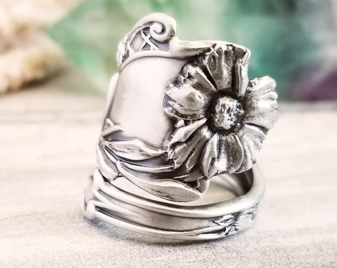 Art Nouveau Marigold Sterling Silver Ring, Antique Flower Spoon Ring, Flower Spoon Ring, Floral Jewelry Gift, Sterling Spoon Ring, 1315