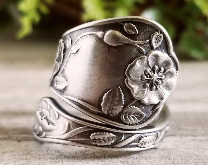 Handmade Wild Rose Ring, Antique Rose Sterling Silver Ring, Sterling Floral Rosa Spoon Ring, Vintage Flower Ring, Vintage Jewelry Gift, 162