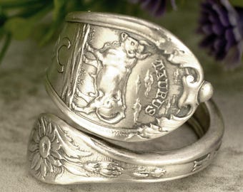 Taurus Zodiac Silver Bull Ring, Sterling Silver Ring, Dainty Zodiac Ring, Taurus Silver Spoon Ring, Silver Astrology Wrapping Ring, 769B