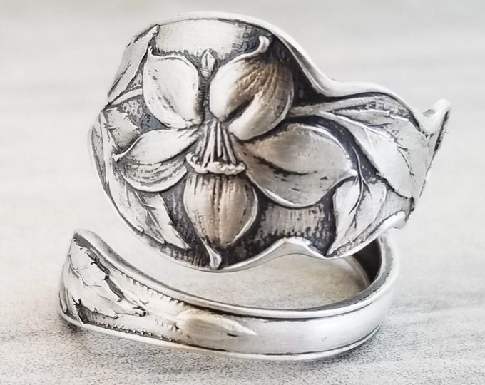 Sterling Lily Wrap Ring, Vintage Art Nouveau Bloom Ring, Vintage Flower Jewelry, Sterling Silver Spoon Ring, Floral Blossom Ring, 880