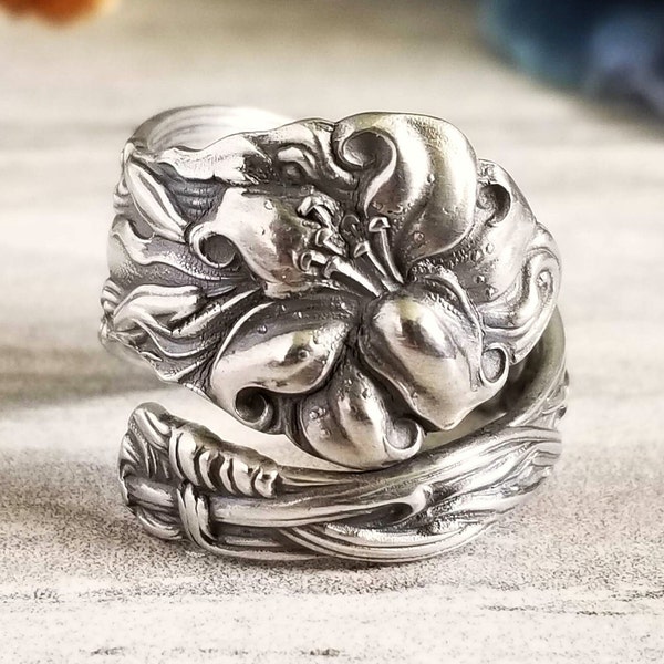 Silver Tiger Lily Ring, Sterling Silver Spoon Ring, Stargazer Lily, Frontenac Victorian Era Floral Ring, Gift For Her, Unique Gift, 173B