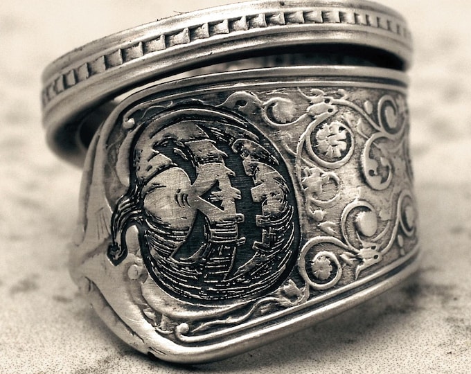 Sterling Silver Engraved Jack-O-Lantern Wrap Ring, Engraved Halloween Pumpkin Ring, Elegant Gothic Ring, Silver Victorian Spoon Ring, 5020